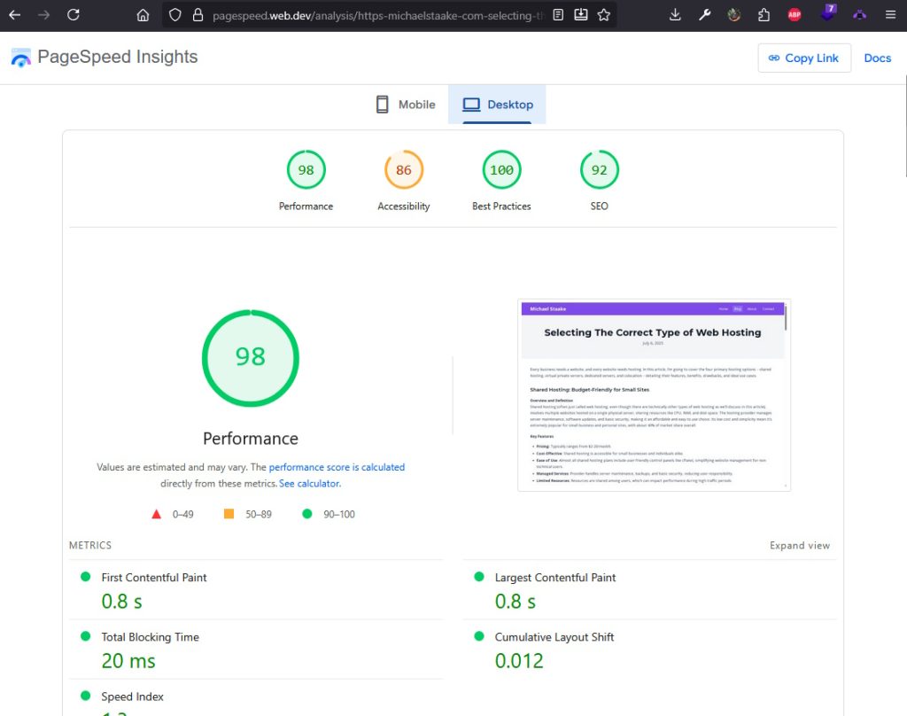 Website Performance of Blog Page on Michael Staake's Website using Google PageSpeed Insights - 98/100.