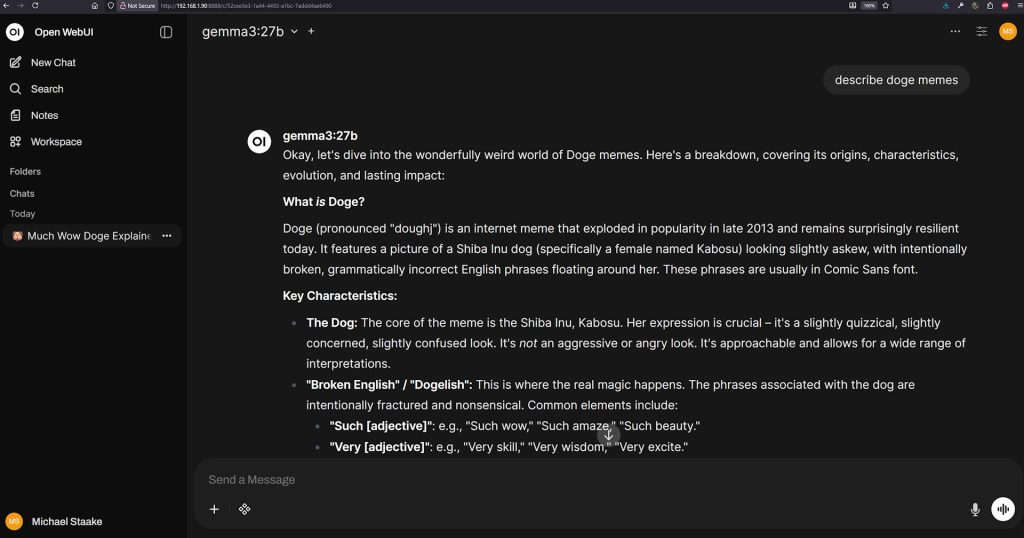 Screenshot of using Open WebUI responding to our first question with the Gemma3 AI model