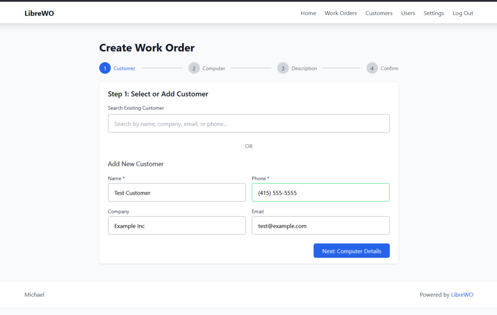 Screenshot of LibreWO - Step 1 of Work Order Creation