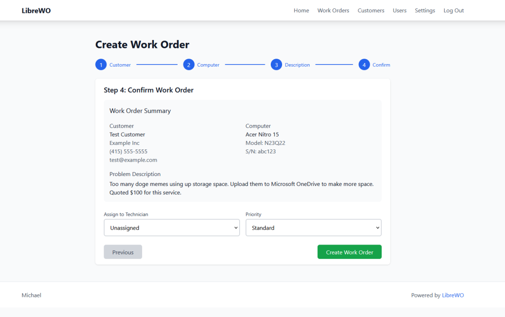Screenshot of LibreWO - Step 4 of Work Order Creation