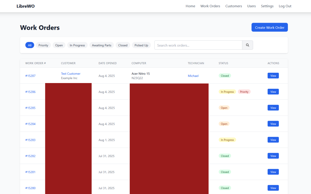 Screenshot of LibreWO - List Work Orders