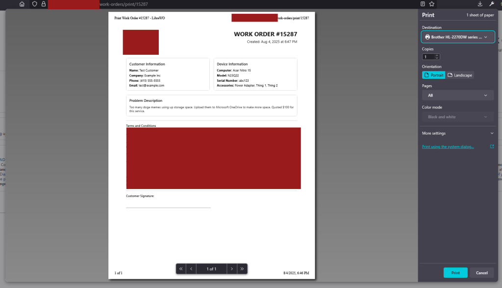 Screenshot of LibreWO - Print Work Order