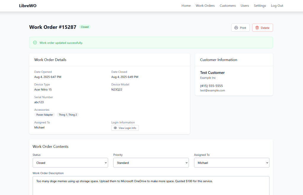 Screenshot of LibreWO - View Work Order - Section A