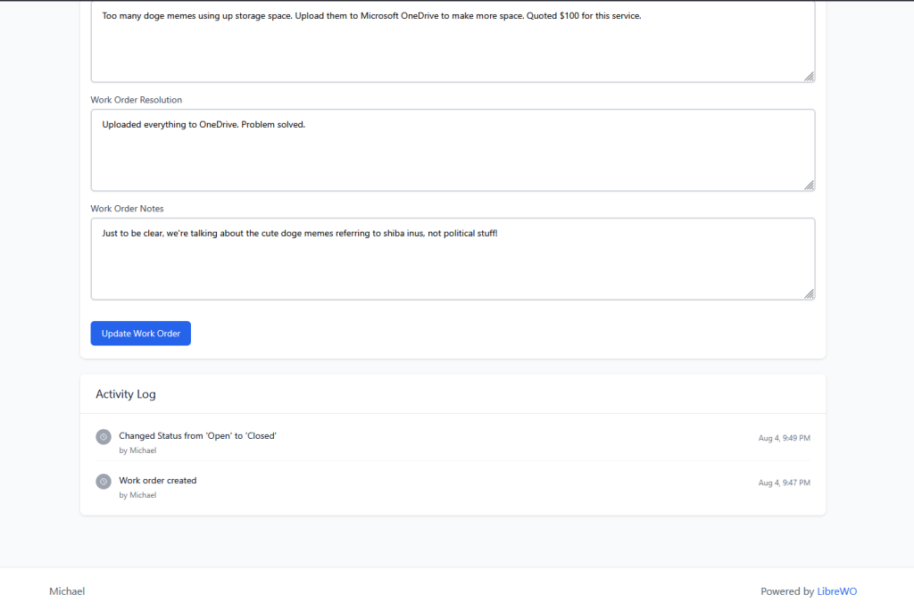 Screenshot of LibreWO - View Work Order - Section B