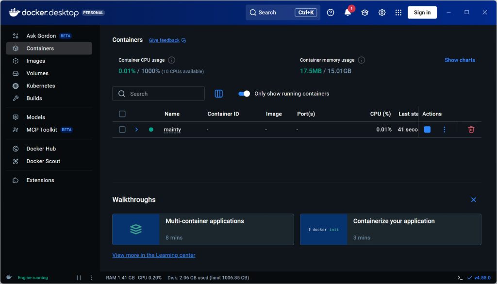 Screenshot of Docker Desktop on Windows running Mainty container