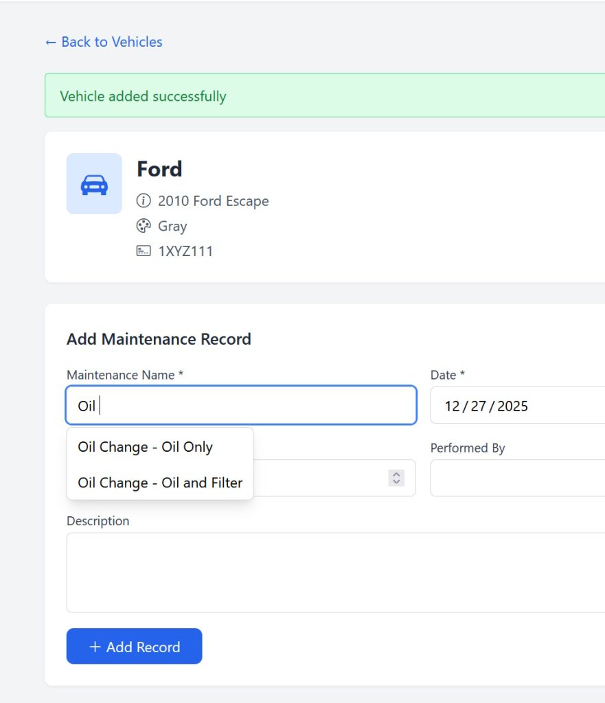 Screenshot of Mainty - Add Maintenance Record