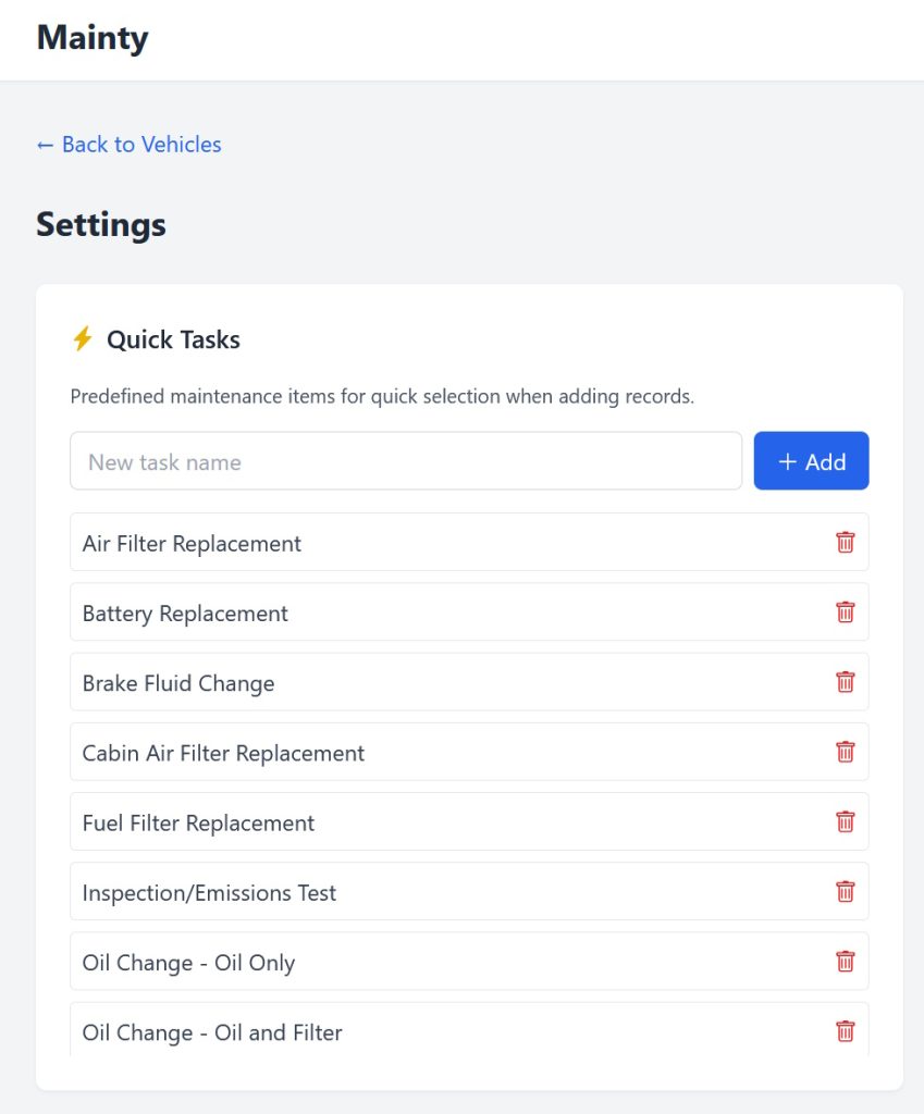 Screenshot of Mainty - Quick Tasks in Settings