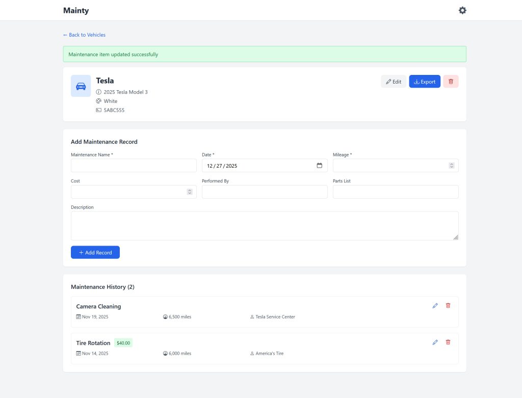 Screenshot of Mainty - View Vehicle